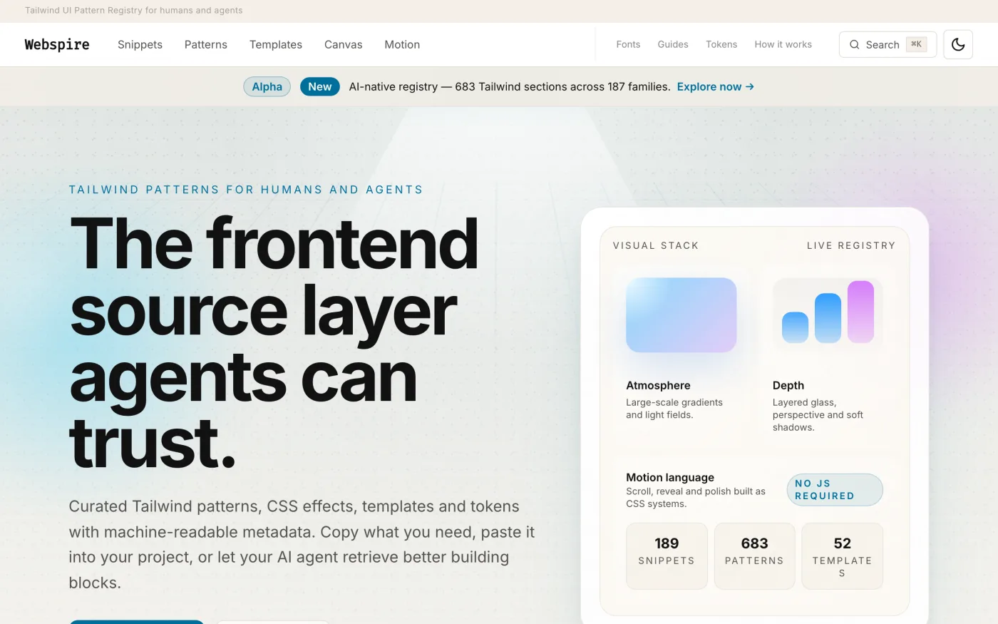Webspire: Startseite der Registry mit Kategorien und Vorschauen
